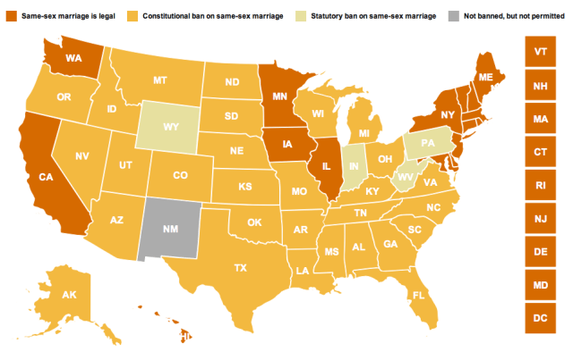 SAME-SEX MARRIAGE LEGALITY MAP. THERE'S A LOT OF YELLOW ON THIS THING. (VIA CNN)