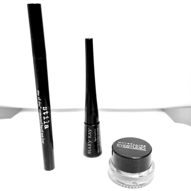 Left to Right: stila Stay All Day Waterproof Liquid Eye Liner, Mary Kay Liquid Liner (discontinued but you can buy online), Maybelline Lasting Eye Studio Drama Gel Liner in Blackest Black