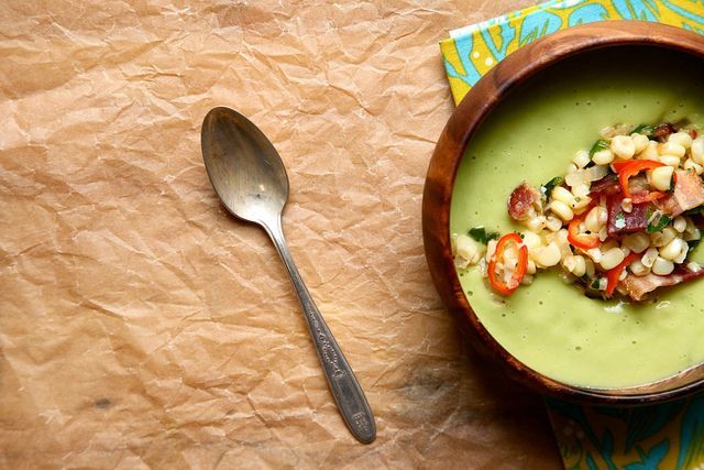 Cold Avocado Soup with sweet corn and bacon