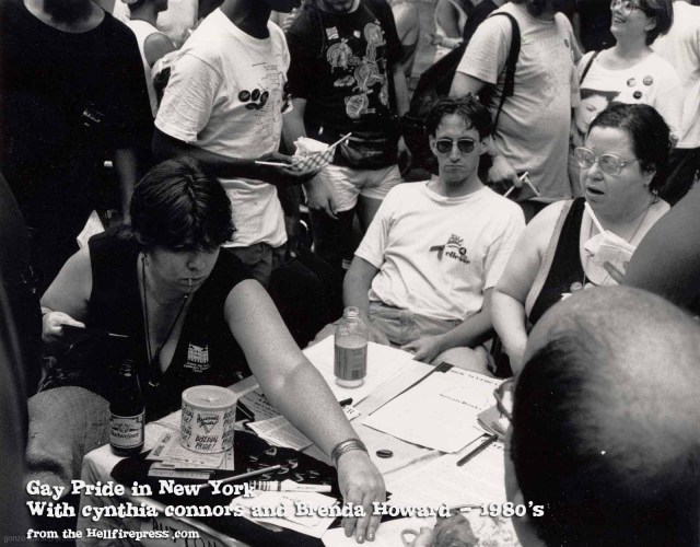 Brenda Howard distributes materials with other bi activists at a Gay Pride event in New York in the 1980s. Photo by Efrain Gonzalez. 