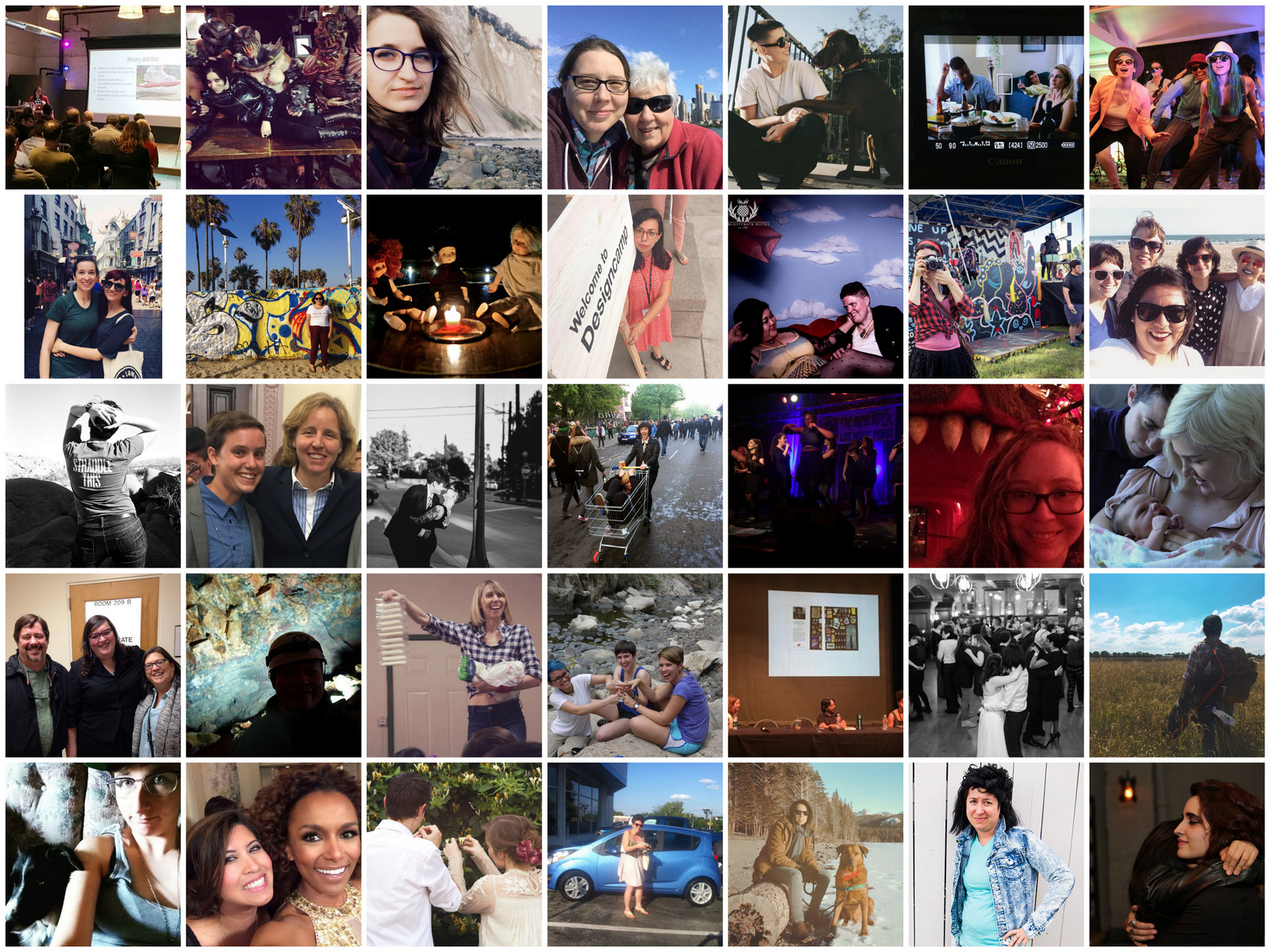 1st row L to R: Lyn's first web development presentation, Stef with GWAR, Olga hiking Mons Klint, Heather's Mammaw came to NYC, Molly adopted a dog, Brittani wrote and filmed Suicide Kale, Carmen was Bruno Mars at A-Camp 2nd row L to R: Chelsey & Erin went to Diagon Alley, Yvonne went to LA, Erin did a writing project, Raquel joined IBM Design Camp, KaeLyn & Waffle went to Sleep No More, Beth went to GayBiGayGay, Audrey went to Venice Beach 3rd row L to R: Ali hiked Joshua Tree, Chloe hung out with Megan Smith, Maree celebrated May Day, Alaina made their rap debut, Rachel went to House on the Rock, Haley & Simone met Juniper 4th row L to R: Mey got her named changed, Laura went inside a volcano, Riese was the Queen of String Cheese, Maddie went to a canyon, Aisha did a reading with Maggie Nelson, Crystal & Katie's first dance all married up, Isabel made a documentary in Mexico 5th row L to R: Karly adopted a dog, Aja met Janet Mock, Laneia & Megan plucked honeysuckles before their wedding, Carmen sneaked in this shot of her driving to LA, Alex went to Mammoth with Kai & Mary (not pictured), Nikki was Uncle Jessie have mercy, Kayla premiered her webseries Sidetrack 