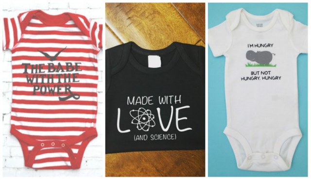 Labyrinth onesie from TheStudioTwentyTwo, Made with Love (and Science) bodysuit by KatBirdofKentucky, Hungry Hungry Hippo bodysuit by YODERCROSS