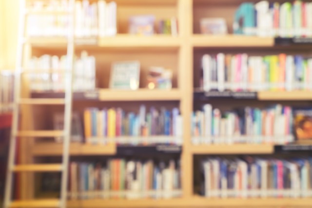 blurry photo of a sunny wooden bookshelf with a ladder