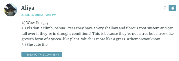 1.) Wow I’m gay 2.) Pls don’t climb Joshua Trees they have a very shallow and fibrous root system and can fall over if they’re in drought conditions! This is because they’re not a tree but a tree-like growth form of a yucca-like plant, which is more like a grass. #themoreyouknow 3.) She cute tho