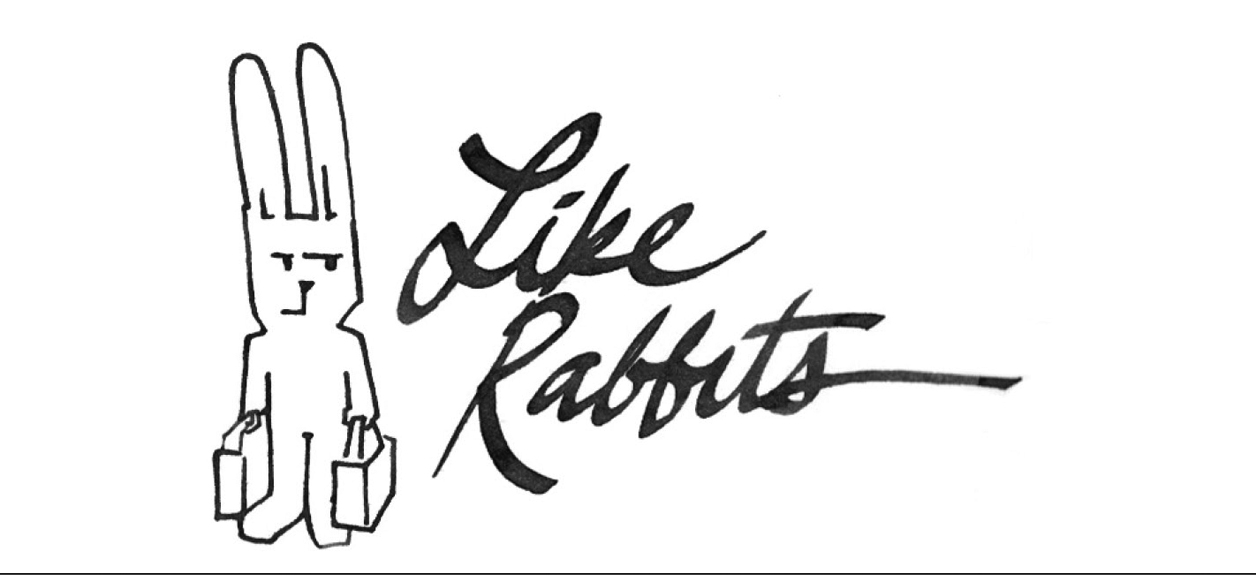 Image description: Rabbit carrying two tote bags looks drily to the right at title: “Like Rabbits