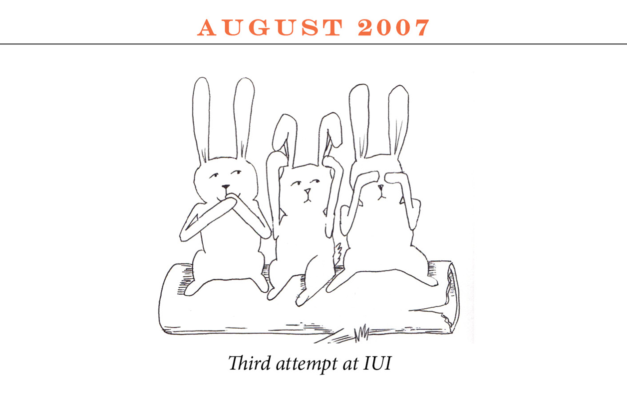 August 2007 Image description: Three rabbits sit on a log miming the speak-no-evil, hear-no-evil, see-no-evil positions. Caption: “Third attempt at IUI