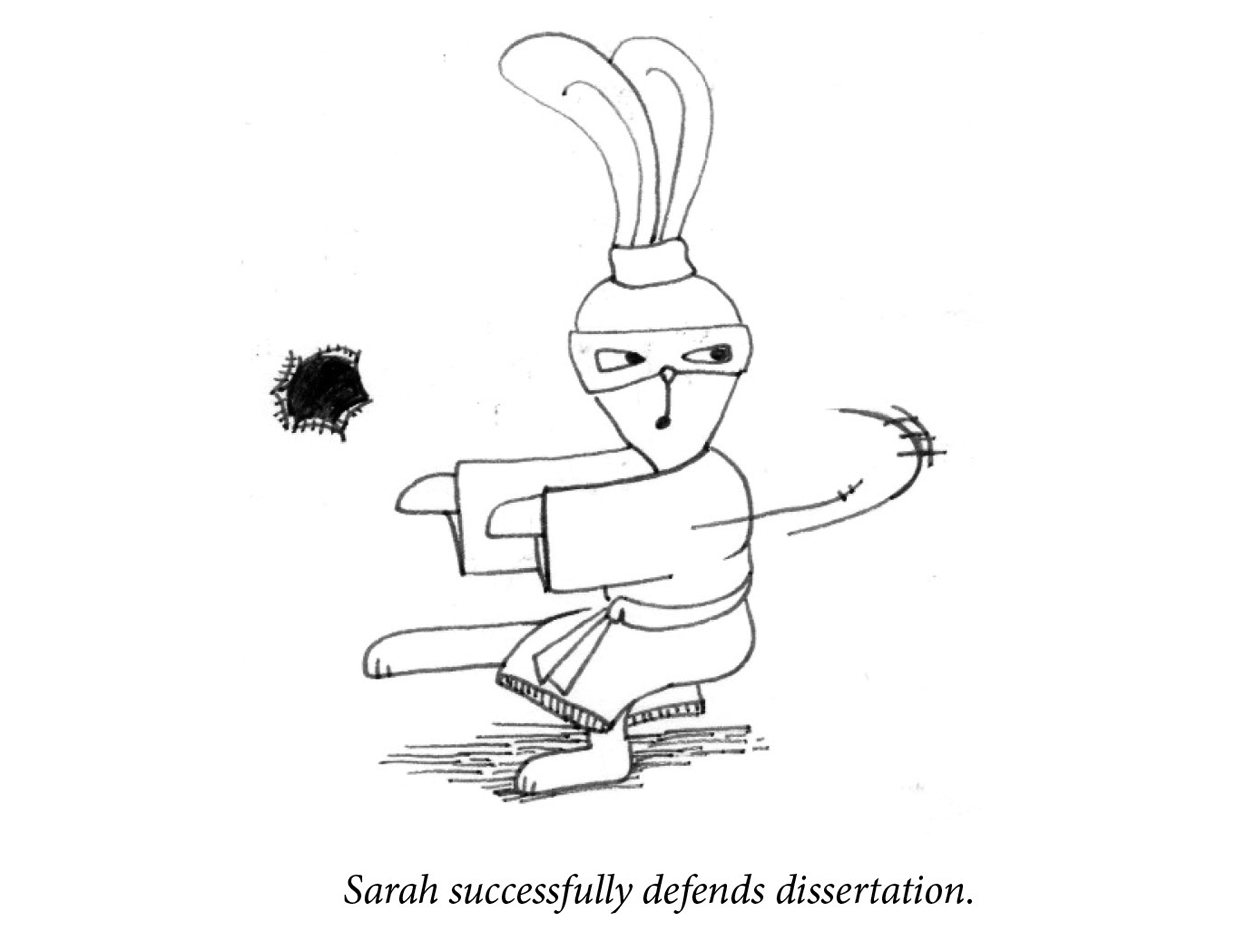 Image description: A rabbit wears a karate gi and eye mask, deftly balancing on one foot while swinging both arms. There is a hole in the wall behind. Caption: “Sarah successfully defends dissertation.