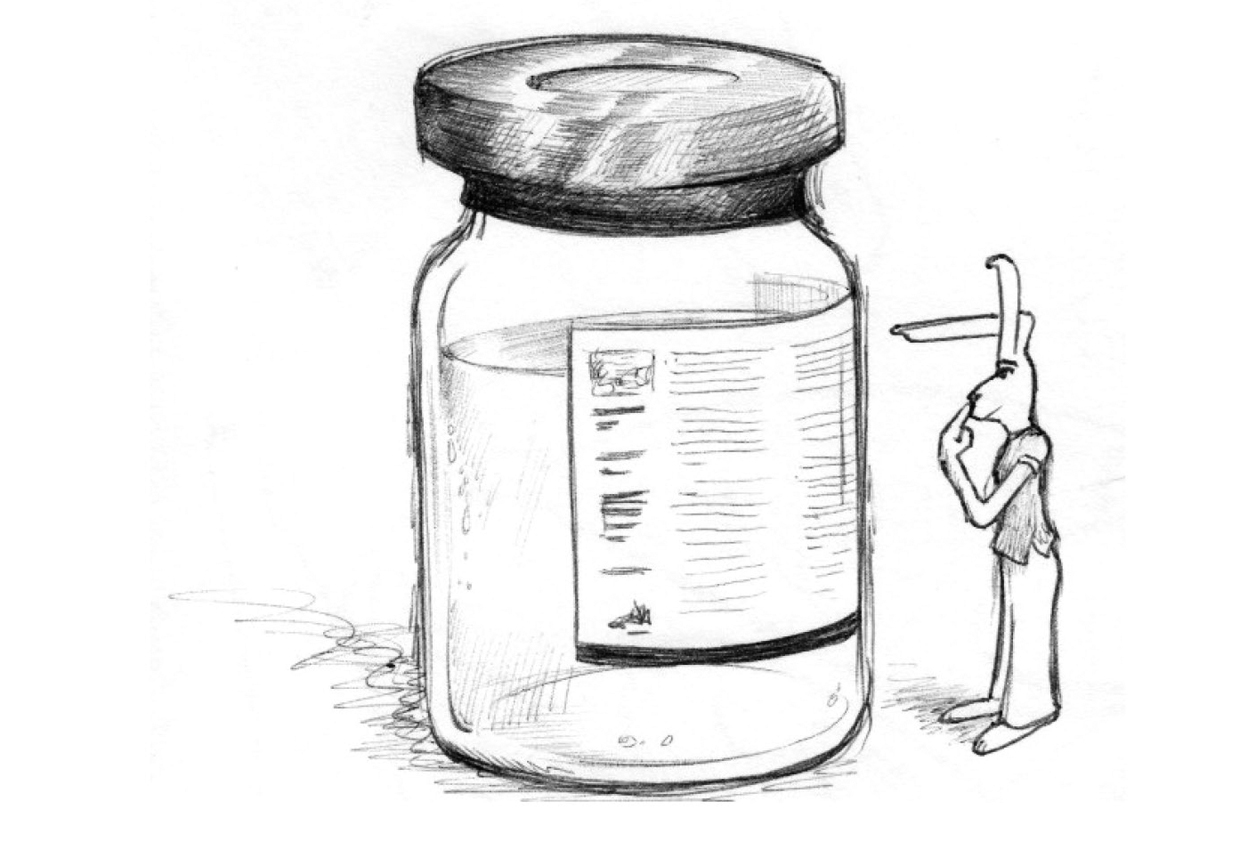 Image description: A rabbit reads the side of a bottle that is taller that she is.