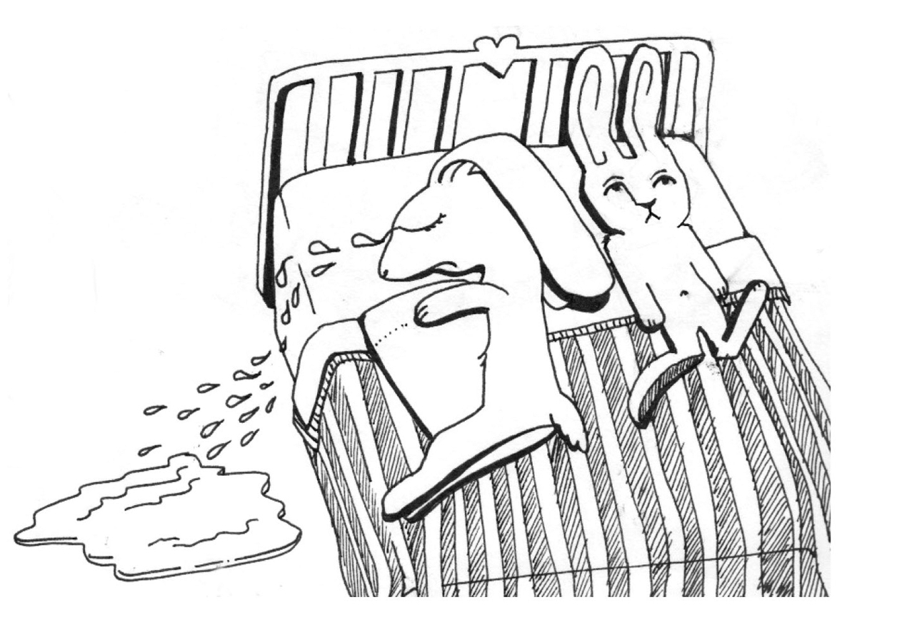 Image description: Two rabbits lie together on a bed. One is crying with a puddle of tears collecting on the floor. The second is staring at the ceiling.