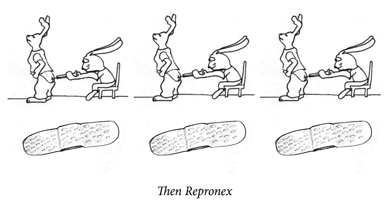 Image description: A happy rabbit gives the other rabbit a shot in the ass. The same image repeats three times. Below is a line of three large bandaids. Caption: “Then repronex.
