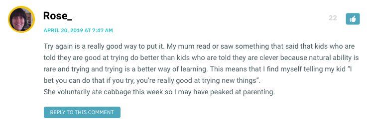 Try again is a really good way to put it. My mum read or saw something that said that kids who are told they are good at trying do better than kids who are told they are clever because natural ability is rare and trying and trying is a better way of learning. This means that I find myself telling my kid “I bet you can do that if you try, you’re really good at trying new things”. She voluntarily ate cabbage this week so I may have peaked at parenting.