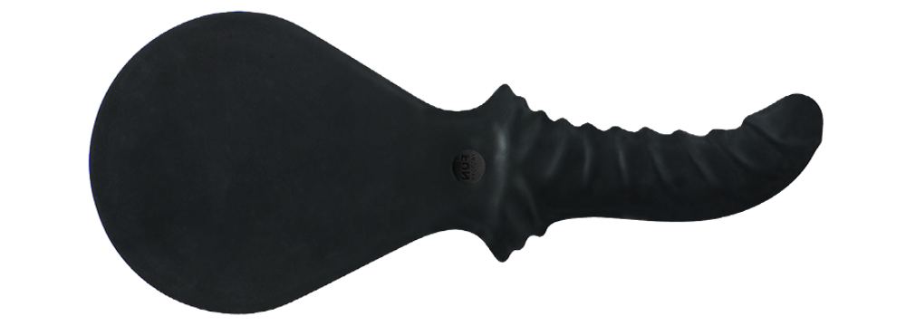 a black paddle with a round surface and a curved, ridged dildo for a handle