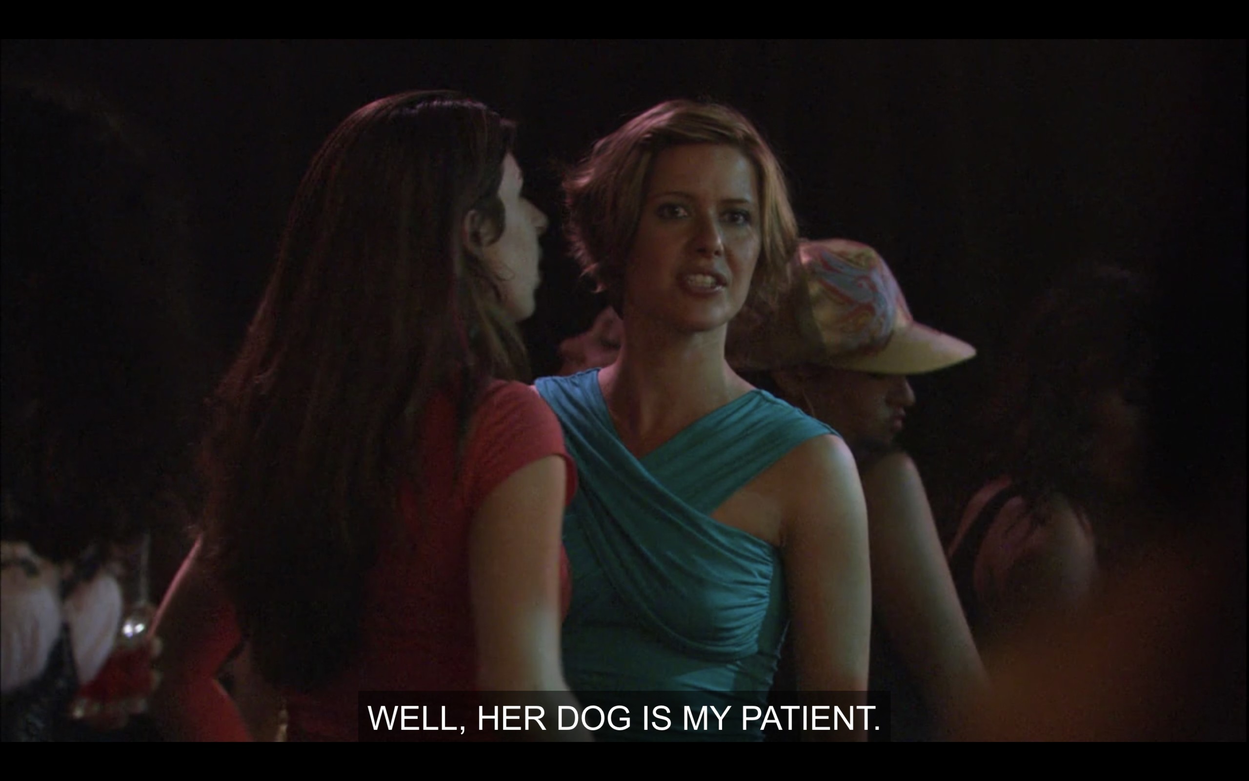 Jenny's vet with short blonde hair and wearing a light blue dress, says, "Well, her dog is my patient."
