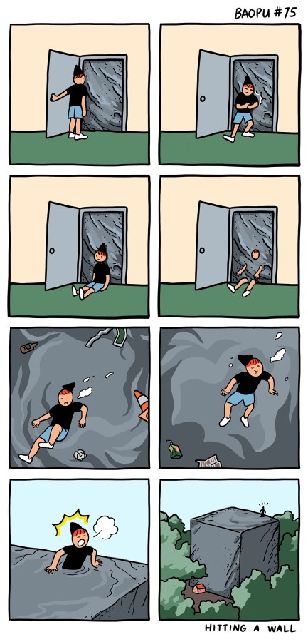 Image description: A character opens a door in a room to find a wall of stone seemingly blocking it; they try to push and shove against it before collapsing onto the ground with their back up against it. In the next panel, they begin to melt backwards into the stone, with only their face and limbs still showing; they float through the stone, emerging on the other side to find they passed through an enormous stone cube many times bigger than the house itself they had been trying to exit.