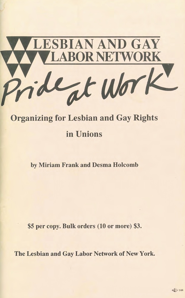 The cover page of Pride at Work: Organizing for Gay and Lesbian Rights in Unions, a 100-page booklet with historical examples and practical advice for organizing within unions