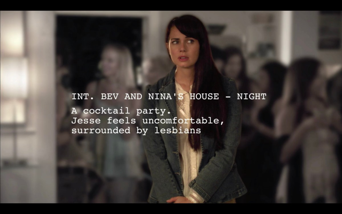 Jenny's screenplay superimposed onto the film in her imagination. She is standing uncertainly in a party in a big jacket. The script says she's at a cocktail party, surrounded by lesbians.