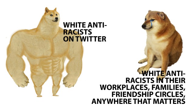 A meme of a cut dog's face on an over muscled body that says "white anti-racists on twitter" verses the same dog's face, now crying, that says "white anti-racists" in their workplaces, families, and anywhere that matters."