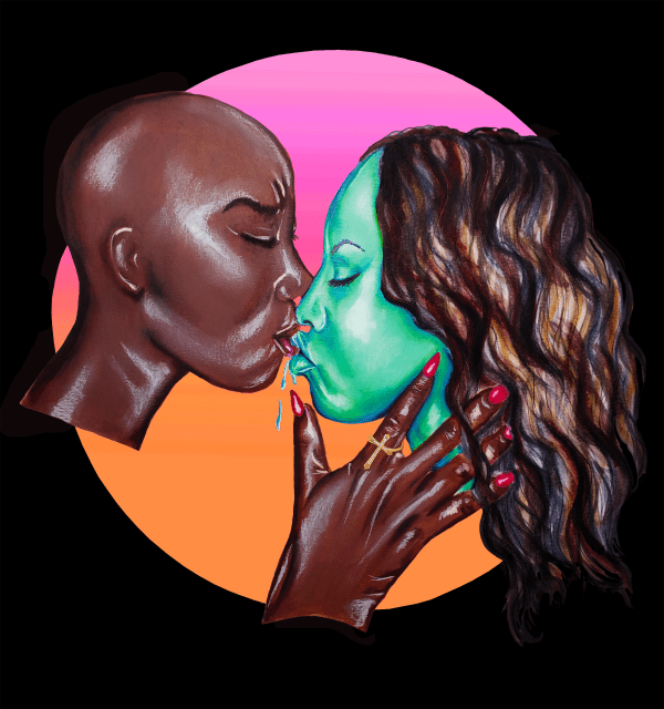 A bald-headed woman holds a long-haired woman's face in her sharp, red-nailed hands, and spits in her mouth.
