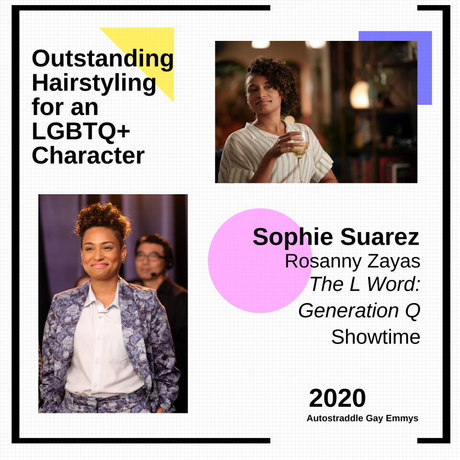 Outstanding Hairstyling for an LGBTQ Character graphic, winner is Sophie Suarez of The L Word Generation Q
