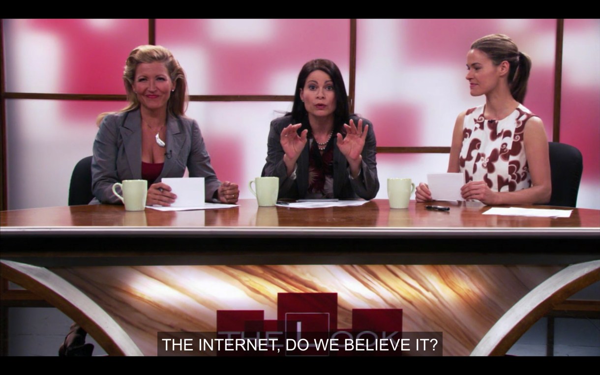 The stage of "The Look" with two hosts and Alice. Asking "the internet: do we believe it?"