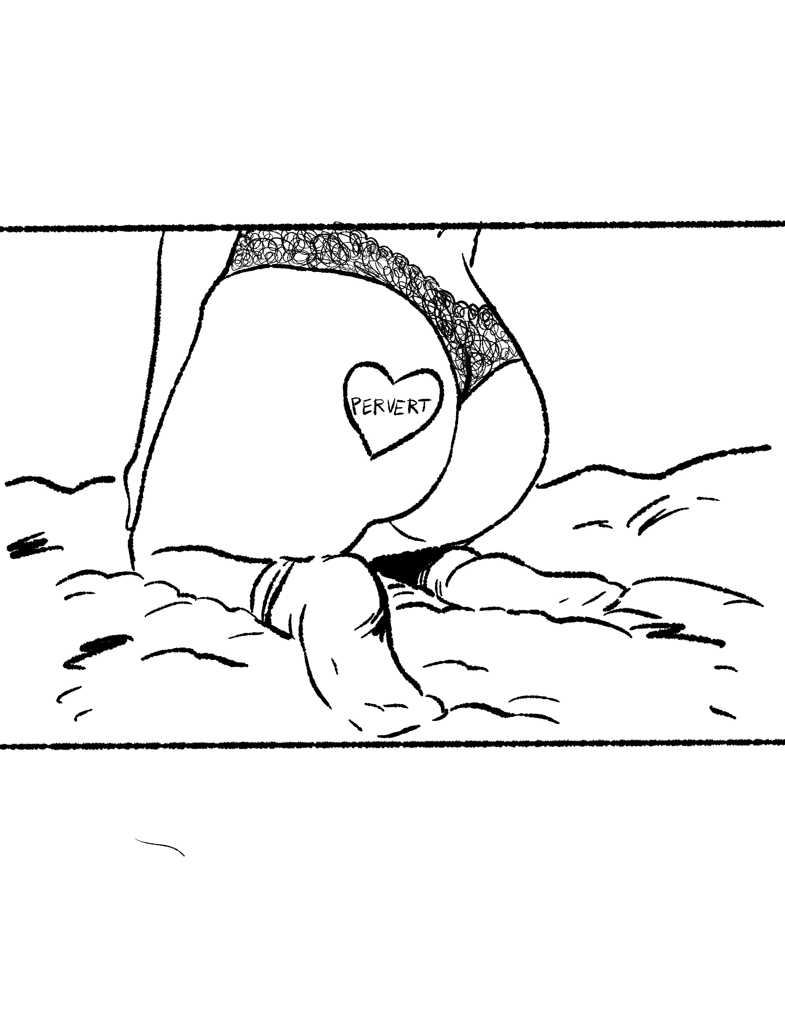 A person wearing a thong and socks is kneeling on a bed. They have a heart-shaped tattoo with the word 'pervert' inside the heart.