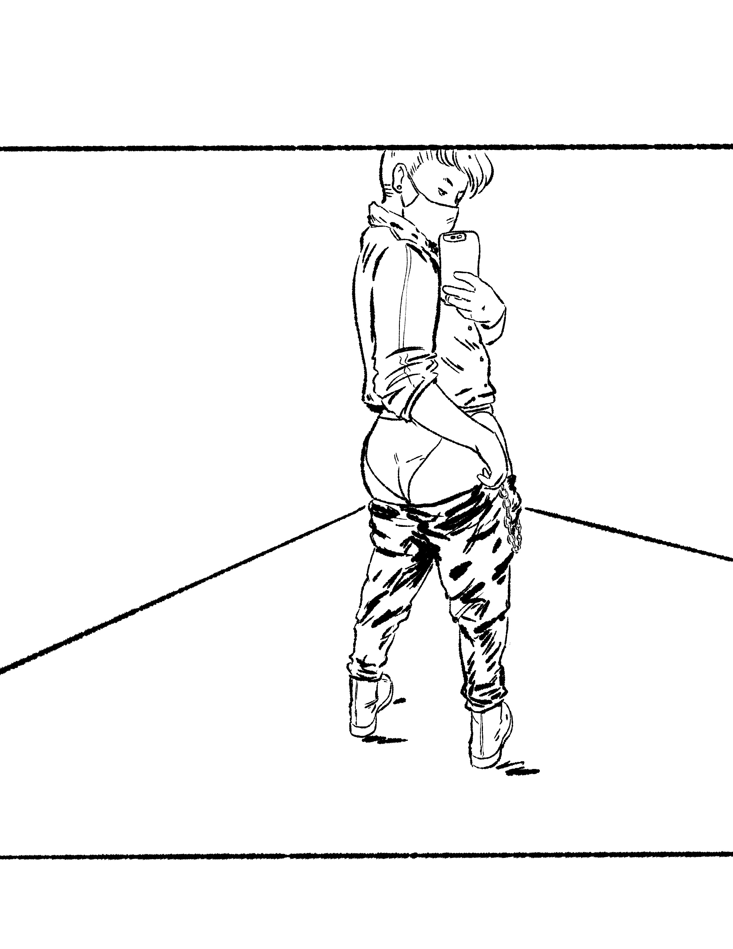 A person wearing dark jeans, boots, a button-up shirt and a mask has their pants pulled down and is taking a mirror selfie of their butt.