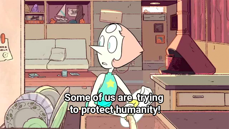 2. Virgo - Pearl from Steven Universe washing dishes “Some of us are trying to protect humanity