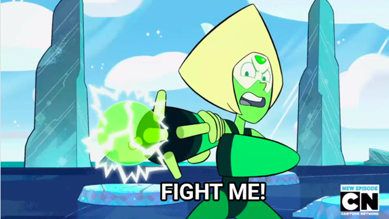 Peridot from Steven Universe shooting “Fight me!