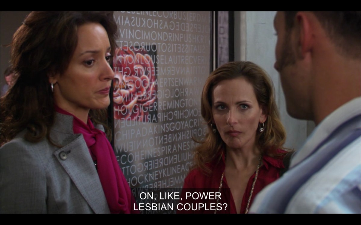 Jodi and Bette talking to James outside of Bette's office