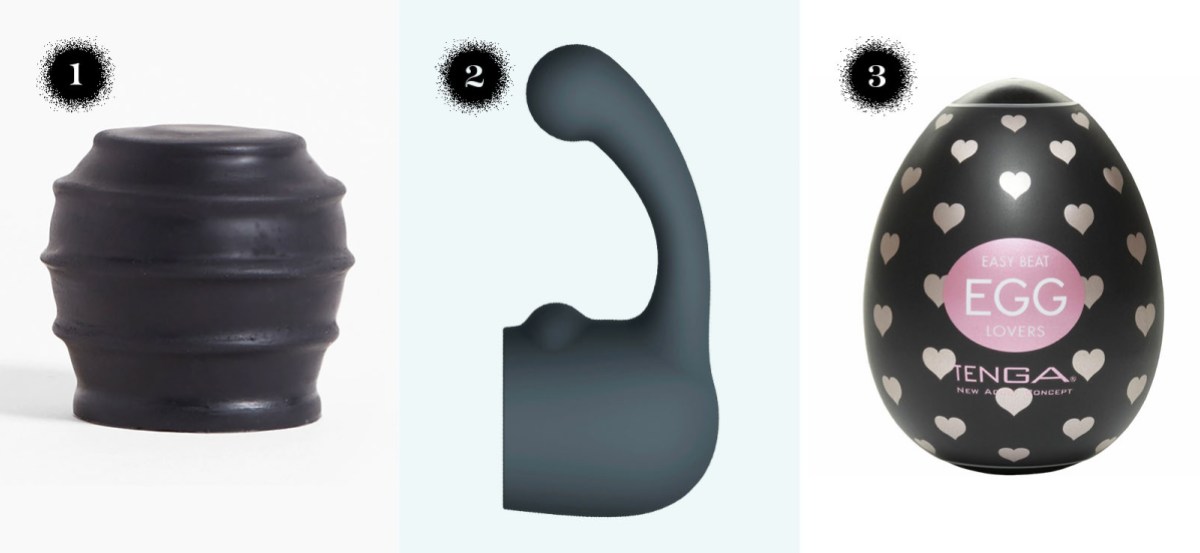 The pop tops silicone wand attachment, the le wand curve weighted silicone attachment, the tenga egg six-pack.