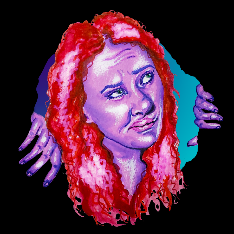 a painted woman's face peering out of a wavy hole, looking perplexed.
