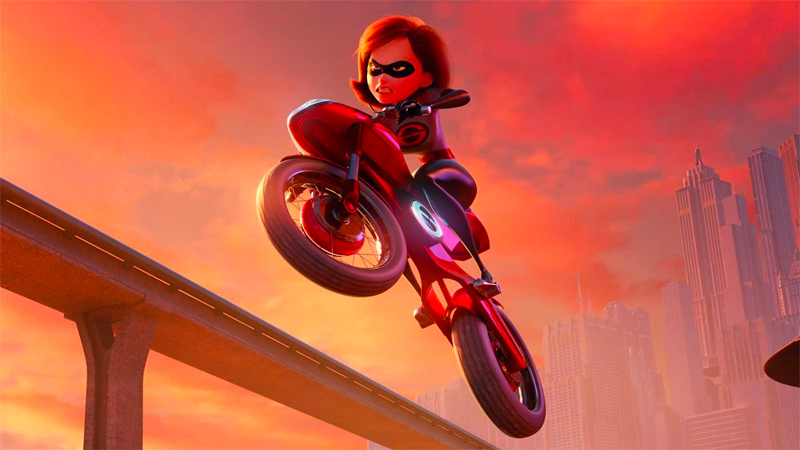 Elastigirl does stunts on her motorcycle. 