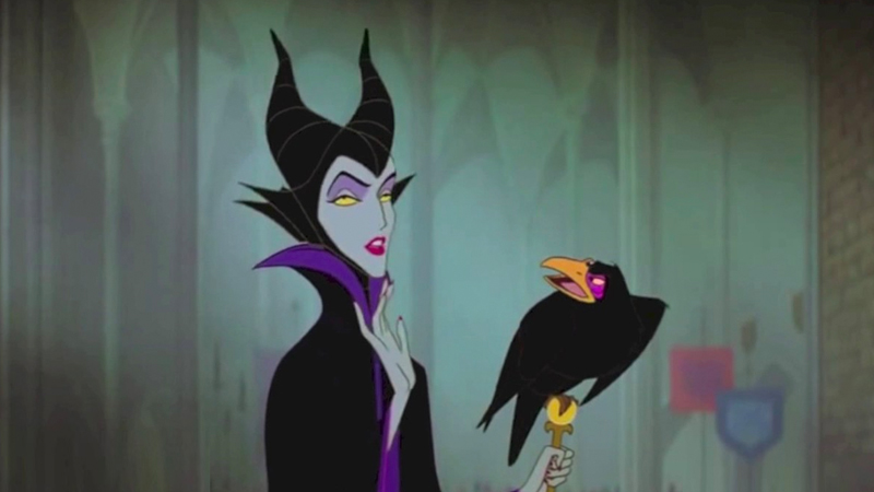 Animated bisexual Disney character Maleficent chats with her raven. 