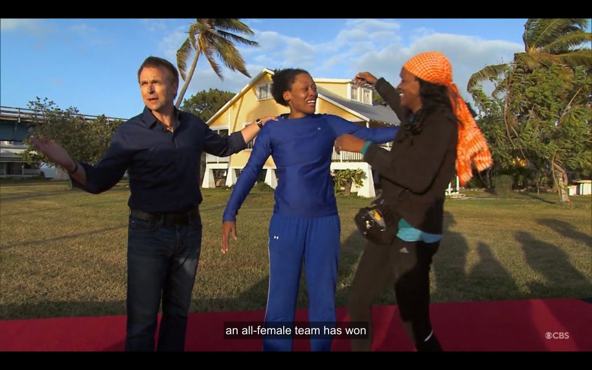 Keisha and Jen at the finish line of The Amazing Race