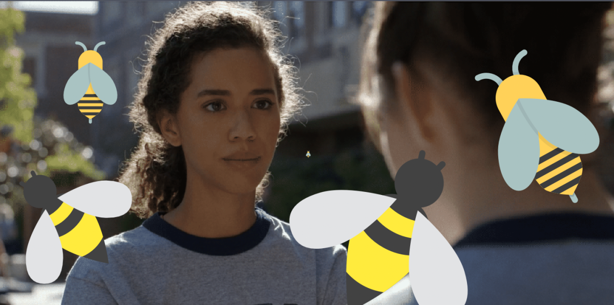 A screenshot from the tv show Yellowjackets with Bee Emojis covering it all over