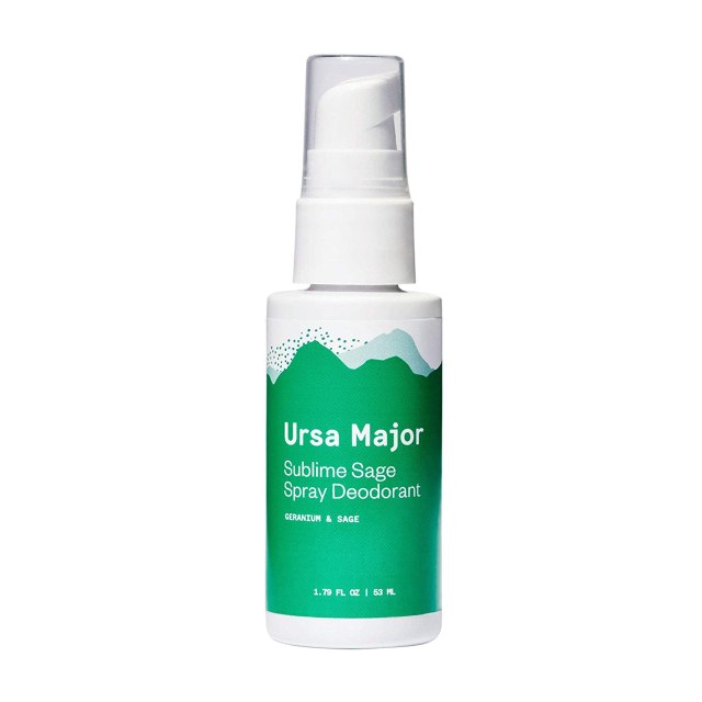 A white and green spray bottle reads, "Ursa Major: Sublime Sage"