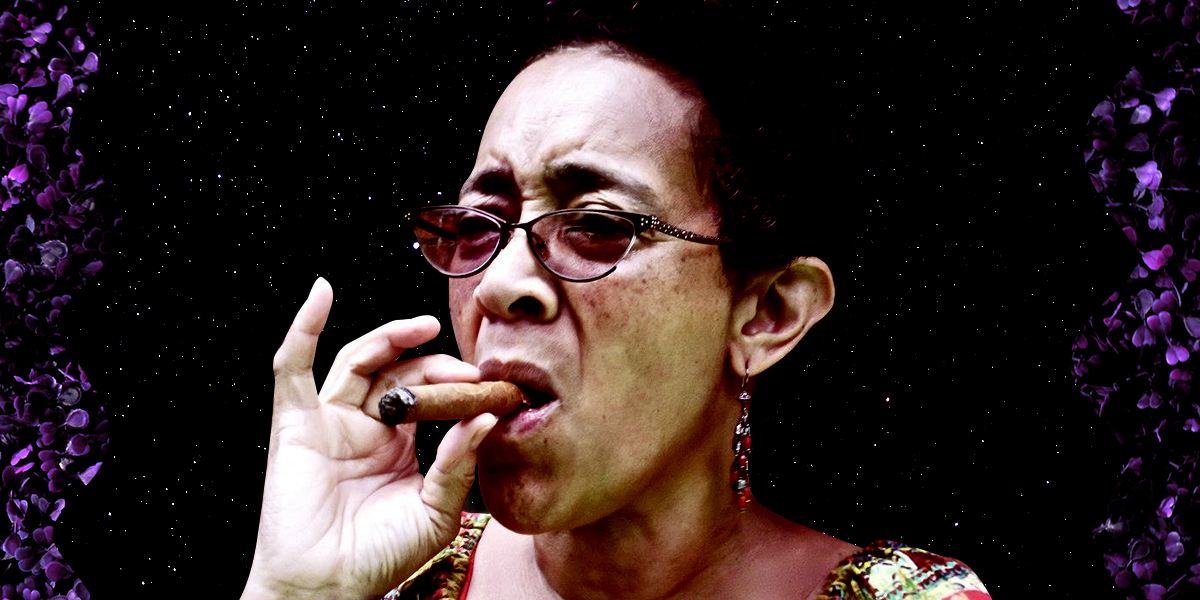 Carmen's Aunt Lorna smokes a cigar. She's a light skin Black woman in her late 60s. She is cut out against a black starry sky and there are purple rose petals growing out of the side of the image like a vine. 