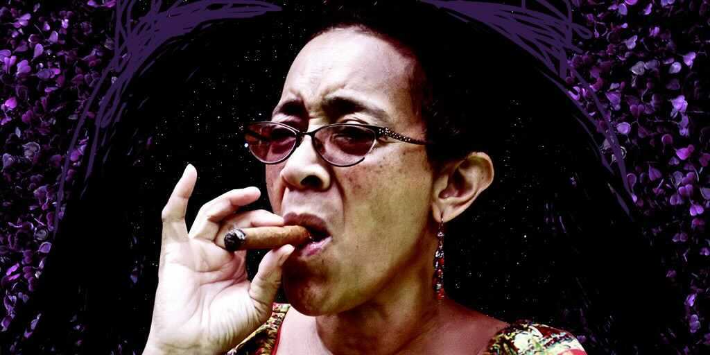 Carmen's Aunt Lorna smokes a cigar. She's a light skin Black woman in her late 60s. She is cut out against a black starry sky and there are purple rose petals growing out of the side of the image like a vine. There are hand drawn purple marker streaks and black marker streaks from when Carmen is trying to explain to Sarah how to better contort the roses to frame Aunt Lorna's face.