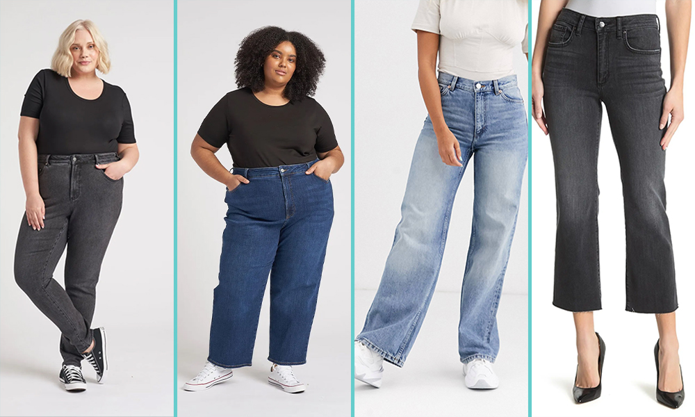 There are four people in jeans against a white background in this collage. The first is a femme person in black straight leg jeans, the next is a person with shoulder length hair in wide length pants, the third is a close up of light blue jeans in a flare, and the last are black cropped capri jeans.