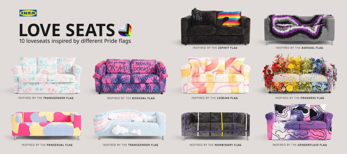 A collage of Ikea couches, decorated in the various colors of different gay pride flags.