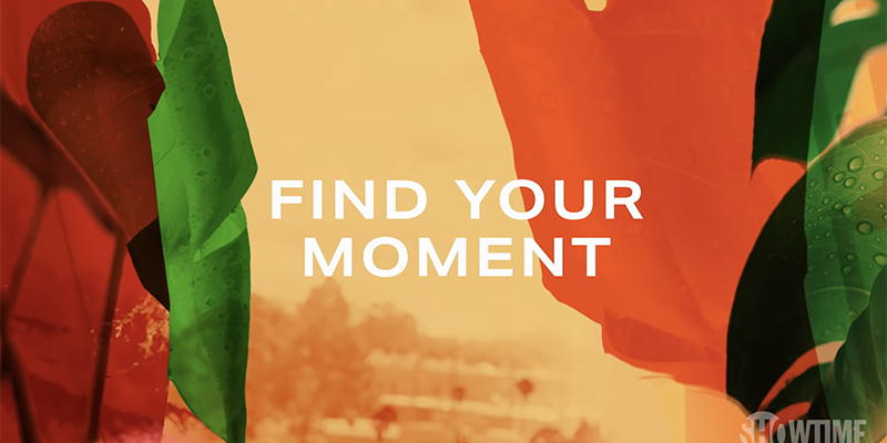 White text on an abstract peach background: Find Your Moment