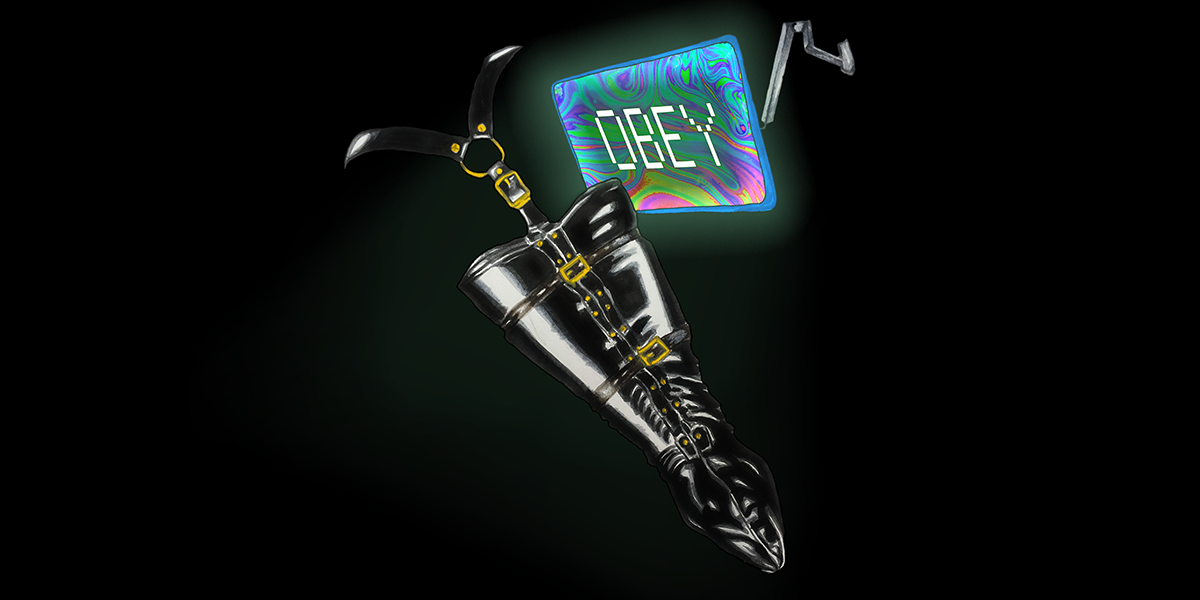 hands without arms, bound with golden and leather harness. a screen behind them says OBEY on a tie-dye background