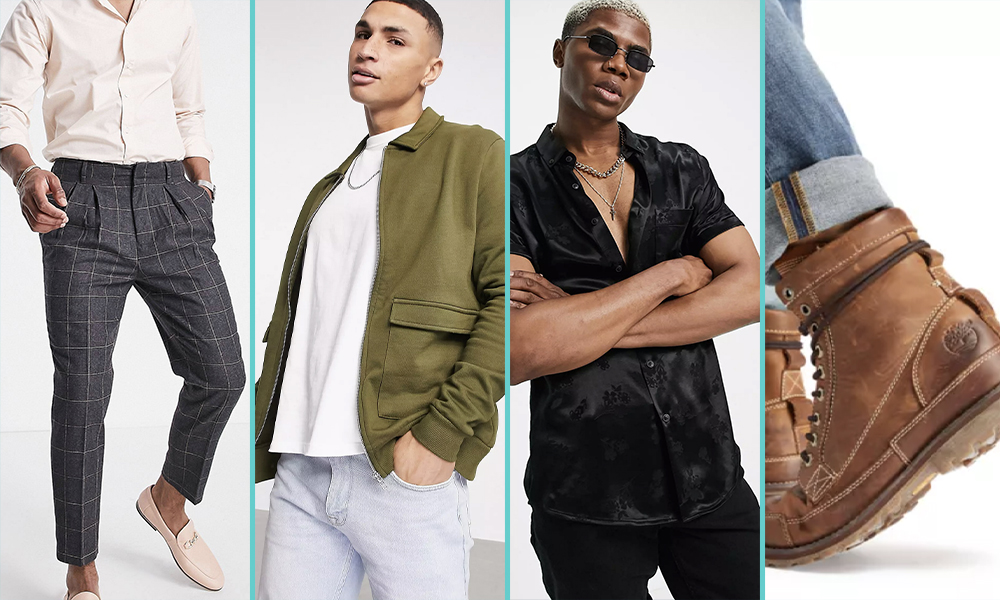 Examples of lesbian workplace fashion: A pair of dark grey pants with flat pleats in the front, a green lightweight jacket with a color and side pockets, a black velvet button down short sleeved shirt, brown construction boots 