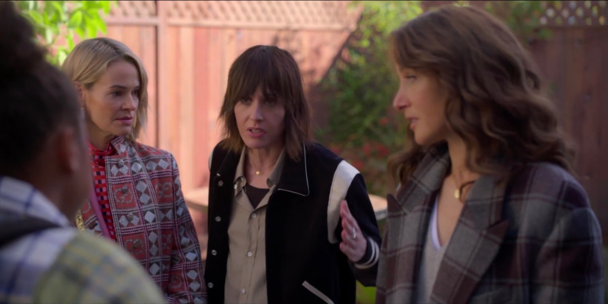 Alice, Shane and Bette outside the coffee shop talking to Angie