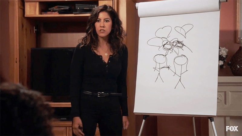 Rosa Diaz stands in front of a scribbled drawing trying to explain bisexuality