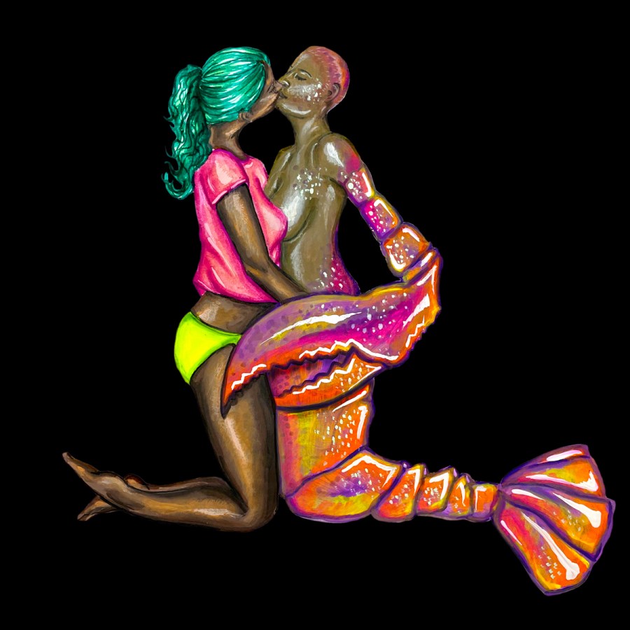 A Black woman with long teal hair wearing a pink T-shirt and yellow underwear kisses and embraces a shirtless Black woman with short pink hair, lobster claws and a lobster tail