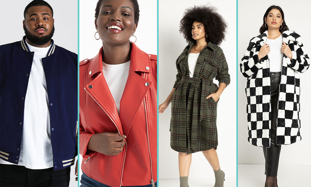 A masc person in a blue bomber jacket, a femme in a red leather jacket, a femme in a long trench coat in a flannel pattern, a femme in a black-and-white checkerboard coat