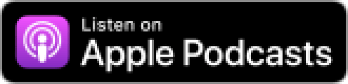 A black button that says listen on Apple Podcasts in purple and white lettering