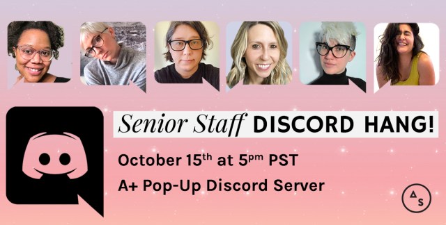 A graphic advertising the discord hang with senior staff members, featuring each of their faces. 5pm PST on October 15th!