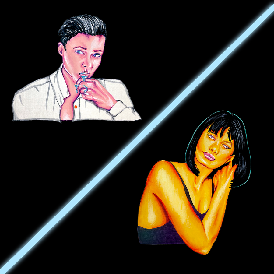 In the upper left corner, there is an image of a person with pink skin and short, black, slicked-back hair wearing a white collared shirt against a black background. They are salivating. A blue line runs diagonally across the image. In the bottom right corner, there is an image of a person with orange skin and shoulder-length black hair with bangs against a black background. She wears a black tank top.